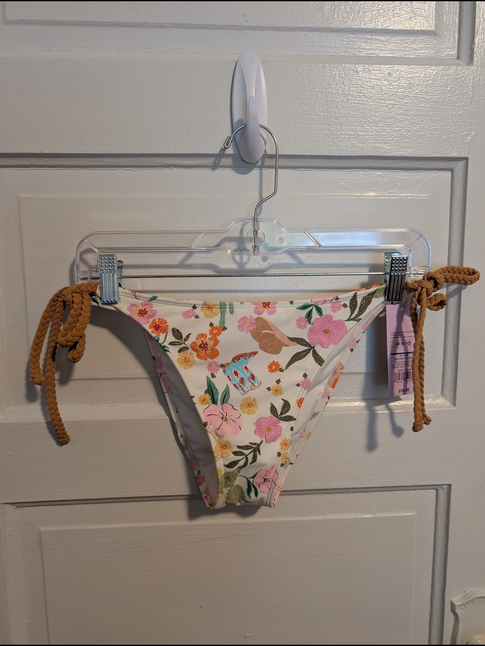 NWT Western & Floral Tie-Side Bikini Swim Bottoms in White, Pink & Tan